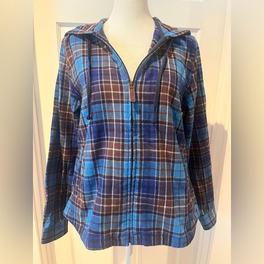 L.L.Bean blue flannel zip up jacket with hoodie Size XS Blue and Brown